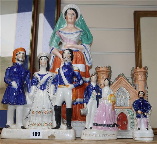 A large Staffordshire pottery figure of St Anne, Turkey, England and France, Prince and Princess and two other items